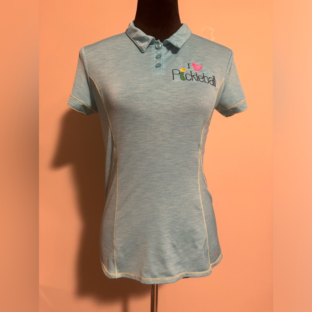Preloved Lija Blue and Yellow I Heart Pickleball polo size small